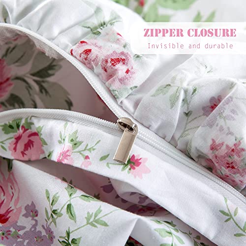 Zjzc Art Ruffle Duvet Cover Set Queen, 100% Cotton Rose Floral Duvet Cover Farmhouse Vintage Shabby And Chic 3 Pieces With Pillow Shams (Rose, Queen) #TOP4