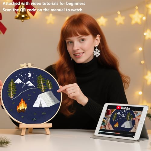 Image of Crafmanoe Christmas Embroidery Kits for Beginners Adults, Hand Embroidery Starter Kits, Christmas Cross Stitch Kits for Beginners Craft Kits for Adults Women, Embroidery Hoops, Thread & Video Tutorial