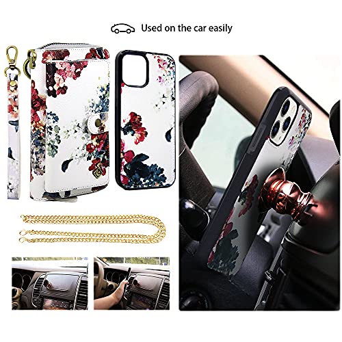 Xgrand Crossbody Wallet Case For Iphone 12 Pro Max, Leather Wallet Case Detachable Magnetic 14 Card Zipper Purse Crossbody Chain Wrist Strap Design For Iphone 12 Pro Max 6.7 Inch - White Flower #TOP4