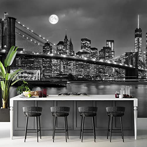 Runa Art Fototapete Brooklyn bridge nacht Modern Vlies Wohnzimmer Schlafzimmer - Made in Germany - 308 x 220 cm Schwarz Weiss 9101010b – Ansicht 6