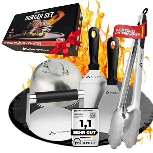 BERGVIBES Burger Smasher Smash Burger Set da 5 pezzi in acciaio inox, pressa per hamburger, campana per hamburger, accessori plancha, spatola per plancha, pressa per hamburger, pinza per barbecue, set