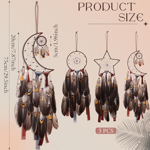Jetec 3 Pcs Dream Catcher Moon Sun Star Design Handmade Traditional Design Craft Ornament Wall Art Hanging Home Decoration Bedroom Wedding(Brown) - Image 4