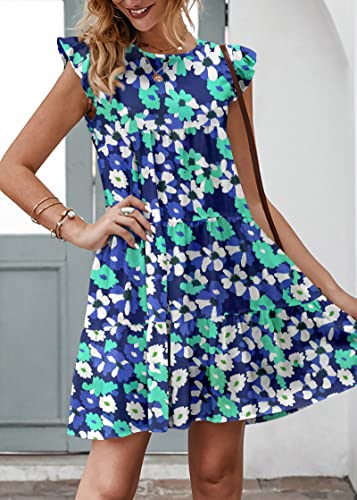 KIRUNDO Womens Boho Summer Dress Sleeveless Ruffle Sleeve Round Neck Floral Beach Vacation Loose Short Flowy Pleated Mini Babydoll Dresses, Floral3-blue Green White, Medium — view 3