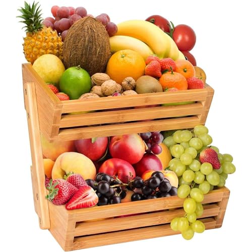 Cesta de frutas de bambú para almacenamiento de pan, bandeja escalonada para verduras para el hogar, cocina y oficina, soporte para cuencos de encimera para aperitivos, frutas, verduras, 28 x 17 cm
