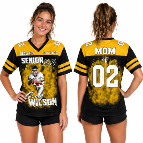 NAZENTI Personalized Custom Football Jersey, Senior 2026 Mom Shirt with Player Name, Team Name and Number, V Neck Short Sleeve Graphic Sports Top for Women, School Supporter Fan Apparel 08 Gold