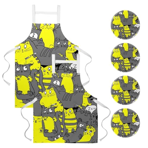 Lot de 2 tabliers de cuisine chat jaune gris avec 4 broches incluses