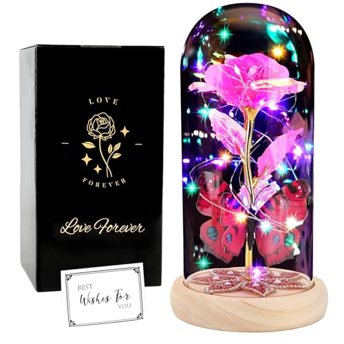 Light up Forever in Glass Dome Galaxy Butterfly Globe Present for Her Grandma, Eternal for Mother's Day Anniversary from Daughter (Pink)