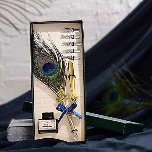 Vintage Peacock Feather Pen Set Antique Calligraphy Writing Quill Ink Dip Pen with Holder, Ink and 5 Replacement Nibs in Gift Box-Christmas Gifts