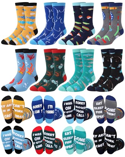 Ramede 8 Pairs Funny Fishing Socks for Men Novelty Cotton Crew Socks Fisherman Birthday Gifts for Men Dad Grandpa