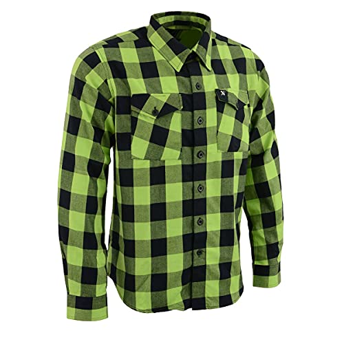 Milwaukee Leather MNG11632 Men's Flannel Plaid Black and Neon Green Long Sleeve Cotton Button Down Shirt