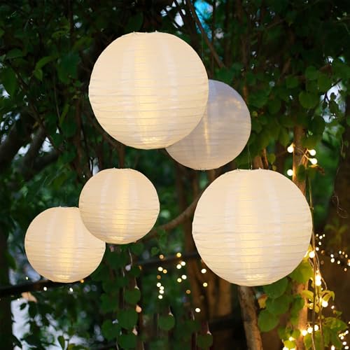 Hellum 150971 Lot de 5 lampions LED pour l'extérieur, résistants aux intempéries, avec télécommande, 5 lampions de 30 cm, blancs, à piles LED, pour mariage, décoration de fête de jardin