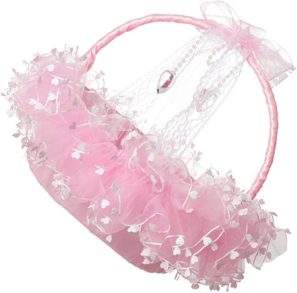 Beaupretty Portable Lace Wedding Flower Basket for Flower Girl, Foldable Pink Handheld Decorative Storage Container, Romantic Ceremony Supply for Weddings and Parties