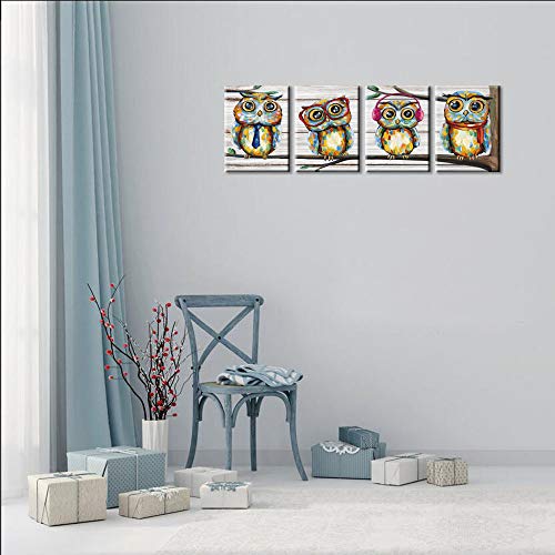 Visual Art Decor 4 Pieces Happy Owl Family Canvas Prints Animal Painting Wall Decor Dad Mom And Kids Canvas Prints Wall Art Decor For Modern Home Child Bedroom Nursery Decoration (01 Owl) #TOP2