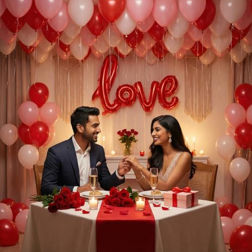 Image of Party Propz Anniversary Decoration Items - 101 Pcs Balloons for Anniversary Decoration with Love Banner, Valentine Day Decorations Items, Red Love Foil Banner for Decorations (Foil, Latex)