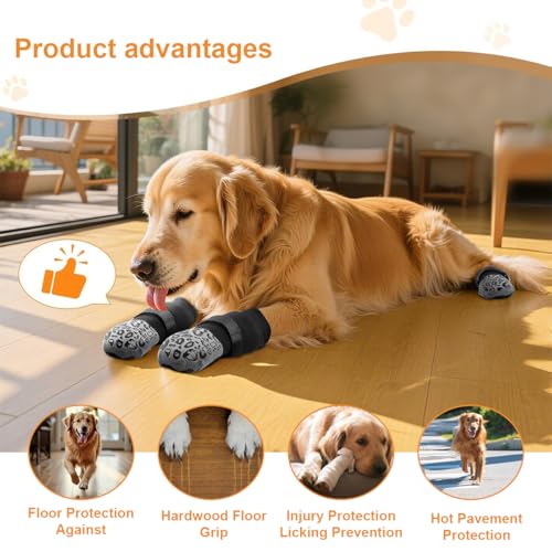 2 Paar/4 Stück Anti-Rutsch-Hundesocken, Doppelseitige Anti-Rutsch Hundesocken mit Verstellbarem reflektierendem Klettverschluss Hundestiefel für den Pfotenschutz von Hunden Innenbereich (Schwarz,XL)