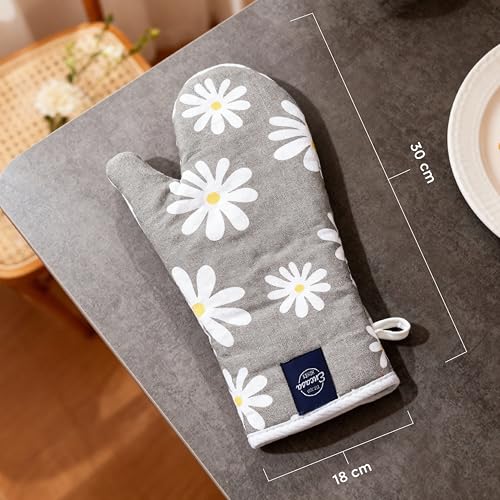 Image of Encasa XO Extra Long 18x35 cm Microwave Oven Gloves Mitts (2 pcs) for Kitchen Cooking - Daisy Grey - Heat Resistant, Thick & Safe, Protection of Hands from Hot Utensils, Gas Flame, Grill, Barbecue