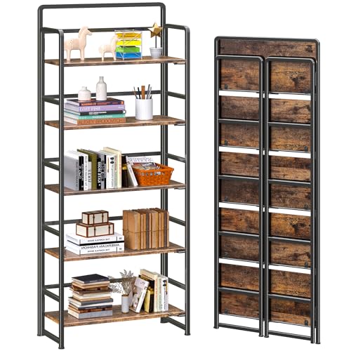 4NM No-Assembly 5 Tiers Folding Bookshelf Storage Shelves Vintage Bookcase Standing Racks Study Organizer Home Office (Rustic Brown Black)