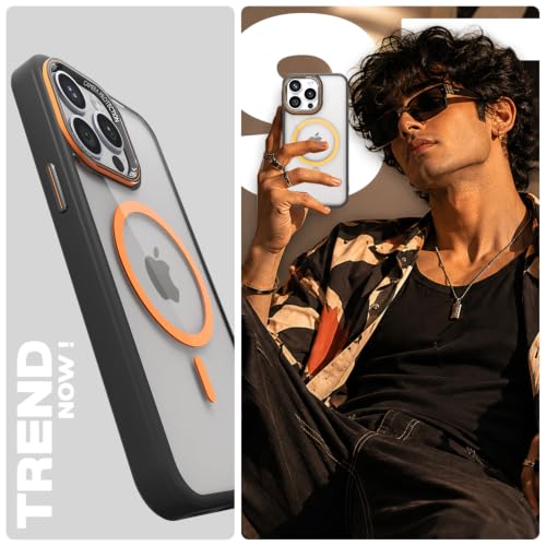 Image of Pikkme Back Cover for iPhone 14 Pro Max | Shockproof | Mag-Safe Compatible | Hard Transparent Back | Premium Raised Camera Protection | Bumper Case (Black & Orange Mag-Safe)