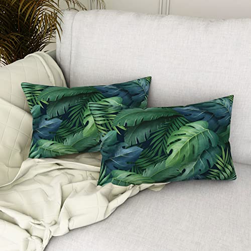 Monstera Green Leaf Pillow Covers 12X20 Set Of 4, Lumbar Throw Pillow Covers Tropical Leaves Pillowcase Spring Summer Decorations Velvet Cushion Case For Home Outdoor Yard #TOP2