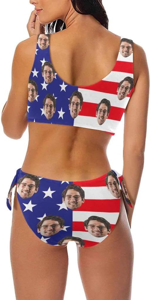 Custom Face USA Flag Bikini, Personalized Women's Bathing Suit Summer Beach Pool Outfits Swimsuit