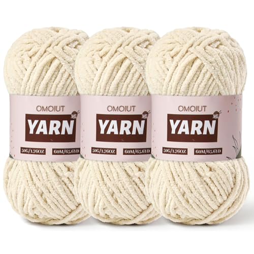 Image of 3 Packs Plush Chenille Chunky Crochet Yarn - Baby Yarn for Crocheting Soft - Velvet Yarns Knitting for Blankets Crafts - Fluffy Amigurumi Yarns 150g /196.8yds (3 Beige)