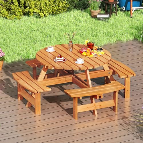 GOPLUS Table Pique-Nique Extérieur 8 Personnes, Salon de Jardin Exterieur en Bois de Sapin Ronde avec 4 Bancs Intégrés, Trou Parasol 5 cm, pour Balcon...