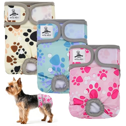 UFO PET Wiederverwendbare Hunde Windeln Weiblich, Läufigkeitshose für Hündinnen XS (3 Stück), Hochsaugfähige Hundewindeln für Hündinnen mit Starkem und Flexiblem Verschluss - Bunte Krallen