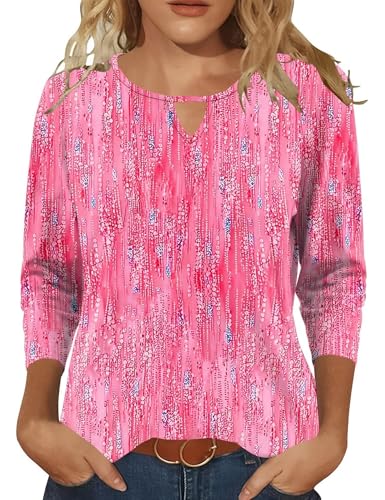 Romanstii 3/4 Length Sleeve Womens Tops Keyhole Crewneck Shirts Business Dressy Casual Tunic Blouses Summer Basic Tees