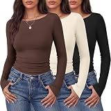 Ekouaer 3 Packs Long Sleeve Shirts for Women Boat Neck Tops Basic Tees Fall Fashion Thermal Underscrubs Black/Beige/Brown XS