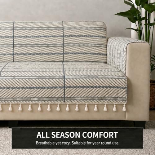 Image of STITCHNEST 'Frostvine Collection' 2 Seater Sofa Cover | Full Coverage with Armrest Pockets | Cotton Quilted Fabric, Decorative Tassels, Washable & Durable for Modern Living