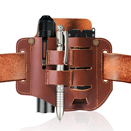 IKEPOD EDC Full Grain Leather Sheath for Belt, Durable Work Pouch Organizer, Handmade Multitools Sheath Holder for Knives/Flashlights/Tactical Pen/Scissors/Mini Tools