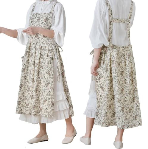TALIBSA Pinafore - Delantal de algodón japonés con espalda cruzada para mujer con bolsillos, vestido de pinafore con lazos en la cintura, flor blanca