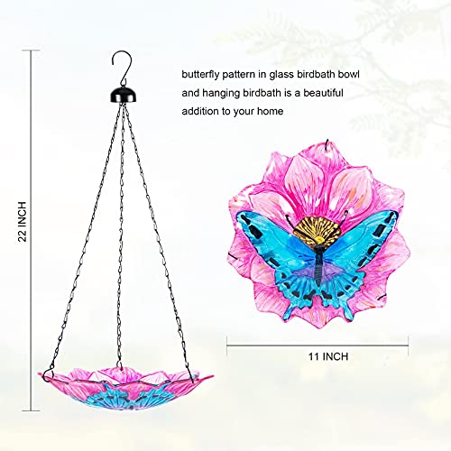 DREAM GARDEN Hanging Bird Bath - Glass Birdbaths Butterfly Birdfeeders Hanging for Outdoor Garden Yard Decoration, Pink