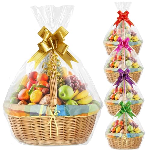 Geschenkkörbe mit Schleifen, 5 Stück, 67 x 94 cm, Zellophan-Geschenktüten für die Herstellung von Ostergeschenken, Verpackungen