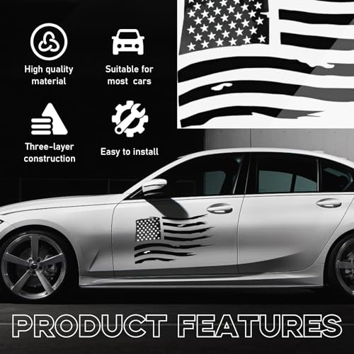 Image of Yourkar 2 PCS American Flag Sticker, 20x11 Inches USA Flag Car Patriotic Decals, US Flag Distressed Decal for Auto SUV Truck Hood Window Door Sides Windshield, Car Accessories (Black)