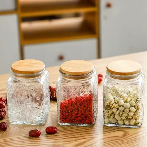 Image of ANSQU 25.3 FL OZ Square Glass Jar, Glass Storage Canister with Airtight Lid, Glass Food Storage Containers for Candy, Coffee, Tea, Canning, Cute Jar (Square Begonia) | Glass Food Storage Container for Coffee, Tea, Candy, Sugar, Decorative Jar Cute Jar (Square Begonia)