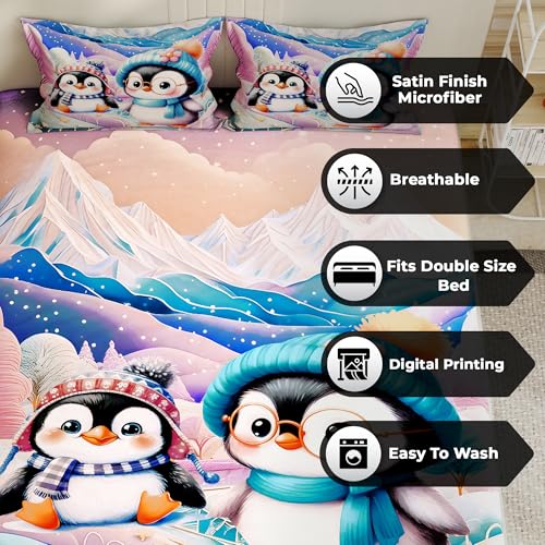 Image of Story@Home Penguins 7D bedsheet for Double Bed 240TC Premium Cotton Feel Microfiber with 2 King Size Pillow Cover | 225 cm x 250 CM | Pink Penguin Kids bedsheet for Boys and Girls