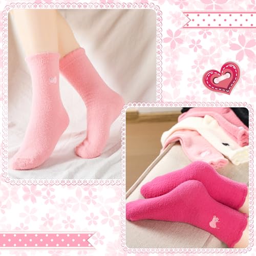 5 Pairs Cat Fuzzy Socks for Women Winter Crew Slipper Socks Pink Soft Thick Home Sleeping Women's Cat Embroidered Cream Ribbed Mid-calf for Fall & Winter Comfort4