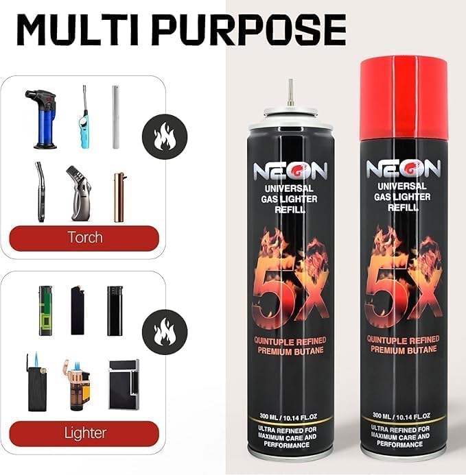 Neon Butane Fuel, 5X Butane Refill 300ml Butane Gas for Lighters, Torch (12)