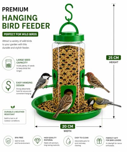 Image of Hanging Bird Feeder for Garden & Balcony, 1 Litre Weatherproof Bird Food Dispenser with 4 Feeding Ports, 360 Perch Feeding Station for Outdoor & Indoor Use (Green) Pack of 2
