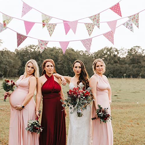 Image of Zwiebeco 39Ft Pink Floral Fabric Bunting Banner Triangle Flag Party Decorations Hanging Cotton Rustic Vintage Flowers Garland Pennants for Wedding Birthday Tea Nursery Home Outdoor Garden Accessories
