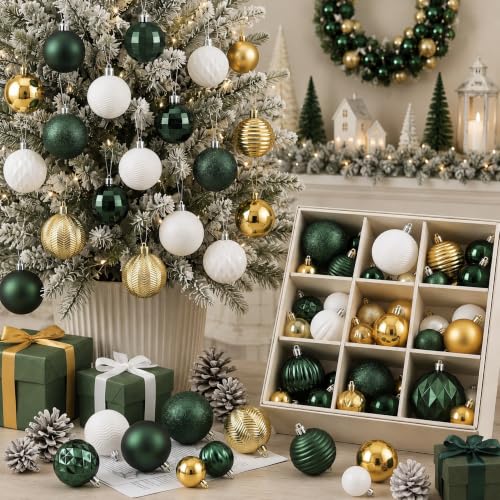 Image of Lunmon 64 Pcs Christmas Ball Ornaments Emerald Green Champagne Gold White