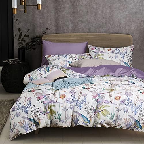 Floral Duvet Cover Set with Spring Flowers and Birds Pattern, King Size Botanical Soft Bed Bedding Sets Colorful Blossom Print Comforter Covers with Zipper Closure and Pillowcases - White, Lilac