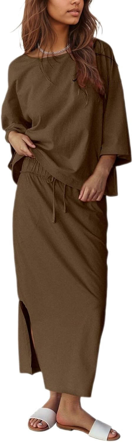 Halfword 2 Piece Sets for Women Oversized Shirt and Maxi Skirt Set Vacation Clothes Casual Lounge Set with Pockets