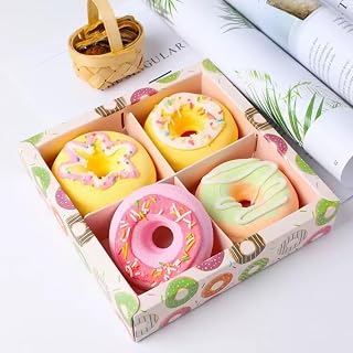 FizzyPoppy 3D Donut Bath Bombs Gift Set - 4 Handmade with Pomelo/Strawberry/Rose/Sweet Orange, Organic Shea & Cocoa Butter, Moisturizing Spa Gift for Women/Men/Kids (Birthday/Valentines/Mothers Day)