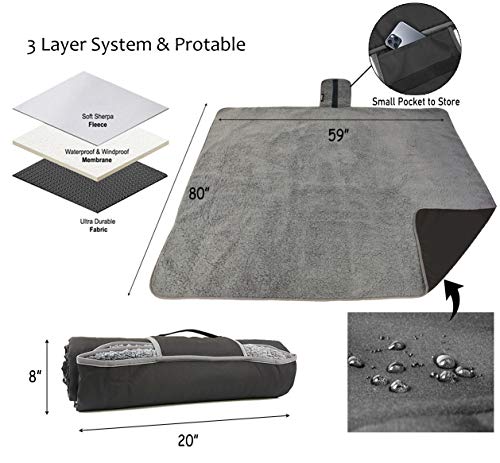 Tirrinia Waterproof Outdoor Blanket with Sherpa Lining, Windproof Triple Layers Warm Comfy Foldable for Camping Stadium, Beach, Picnic, Grass, Concerts, Car, Dog, 51''X 59'' & 59''X 80'' - Image 3