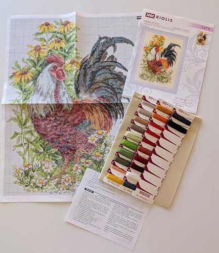 Image of RIOLIS - Rooster 1479, Animals Cross Stitch Kits 11,81 inch x15,75, Cross Stitch Kits for Beginners & Advanced, Crossstitching Kits Adult, Counted Stitching Kits, Embroidery Kit
