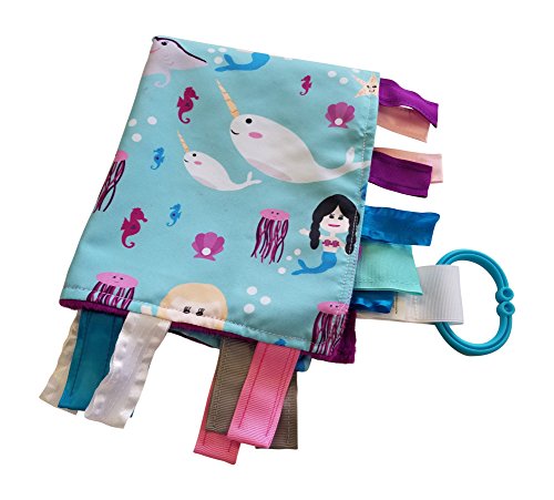 Image of Baby Sensory, Security & Teething Closed Ribbon Tag Lovey Blanket with Minky Dot Fabric: 14”X18” (Mermaids and Narwhals)