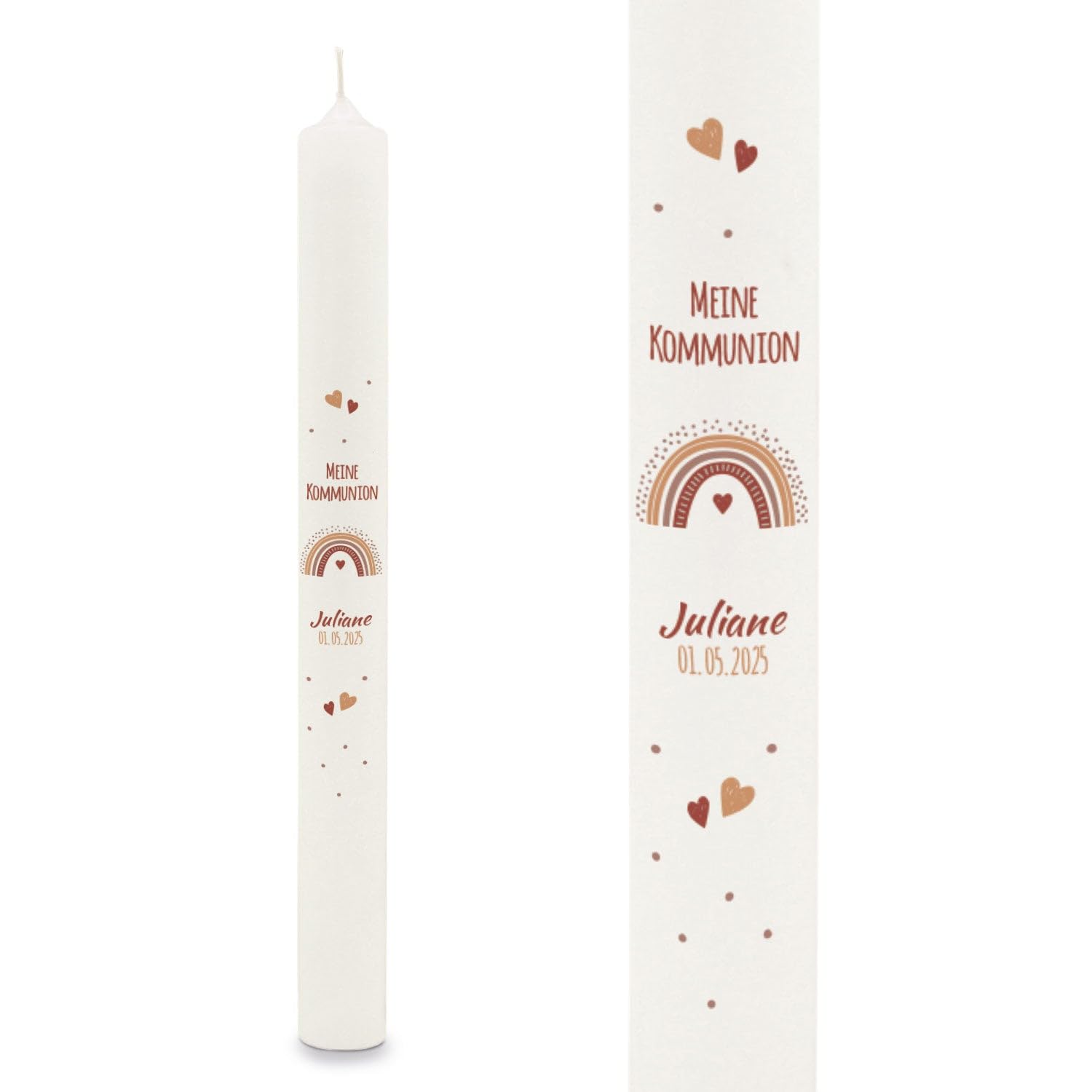 GRAVURZEILE Bedruckte Stabkerze - Regenbogen - Personalisiert mit Name & Datum - Geschenk zur Taufe, Kommunion oder Konfirmation - Für Jungen & Mädchen - Altarkerze 400/40 mm - Farbe: Rot