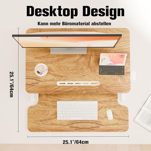 ERGOMAKER Steh-Sitz Schreibtischaufsatz Höhenverstellbar, Stehpult Aufsatz Schreibtisch 64 X 40CM Desktop Erhöhung mit Tastaturablage Helles Rustikalbraun